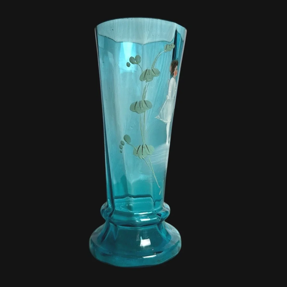 Antique‎ Mary Gregory Turquoise Blue Art Glass Vase Hand Painted Girl 6.5